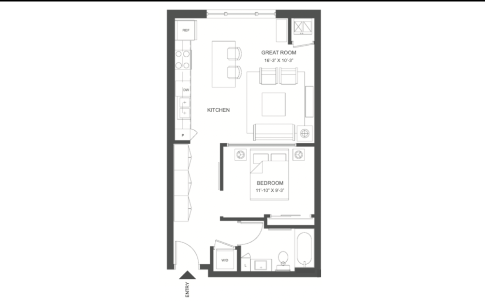 B - 720 - 1 bedroom floorplan layout with 1 bathroom and 645 square feet B - 720 - 1 bedroom floorplan layout with 1 bathroom and 645 square feet