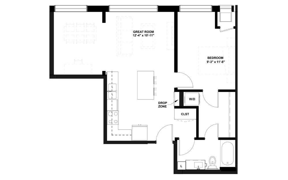 B4 - 1 bedroom floorplan layout with 1 bath and 781 square feet.