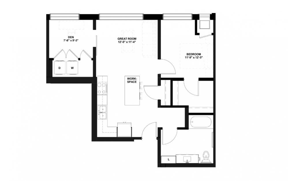 B5 - 1 bedroom floorplan layout with 1 bath and 776 square feet.
