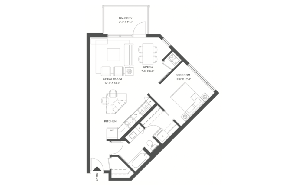 D - 720 - 1 bedroom floorplan layout with 1 bathroom and 760 square feet D - 720 - 1 bedroom floorplan layout with 1 bathroom and 760 square feet