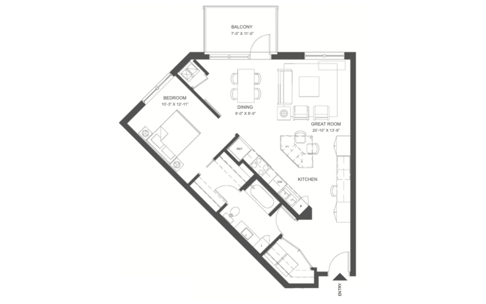 D1 - 720 - 1 bedroom floorplan layout with 1 bathroom and 880 square feet D1 - 720 - 1 bedroom floorplan layout with 1 bathroom and 880 square feet