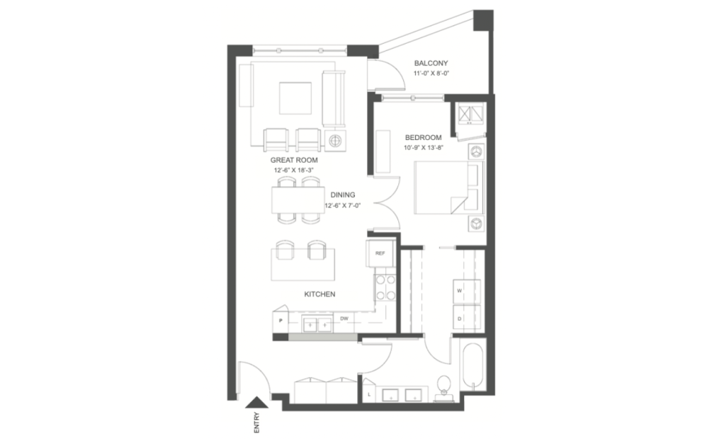 E - 720 - 1 bedroom floorplan layout with 1 bath and 790 square feet.