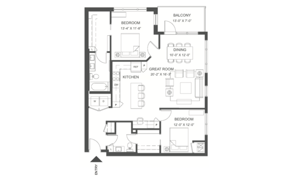 P - 720 - 2 bedroom floorplan layout with 2 baths square feet.