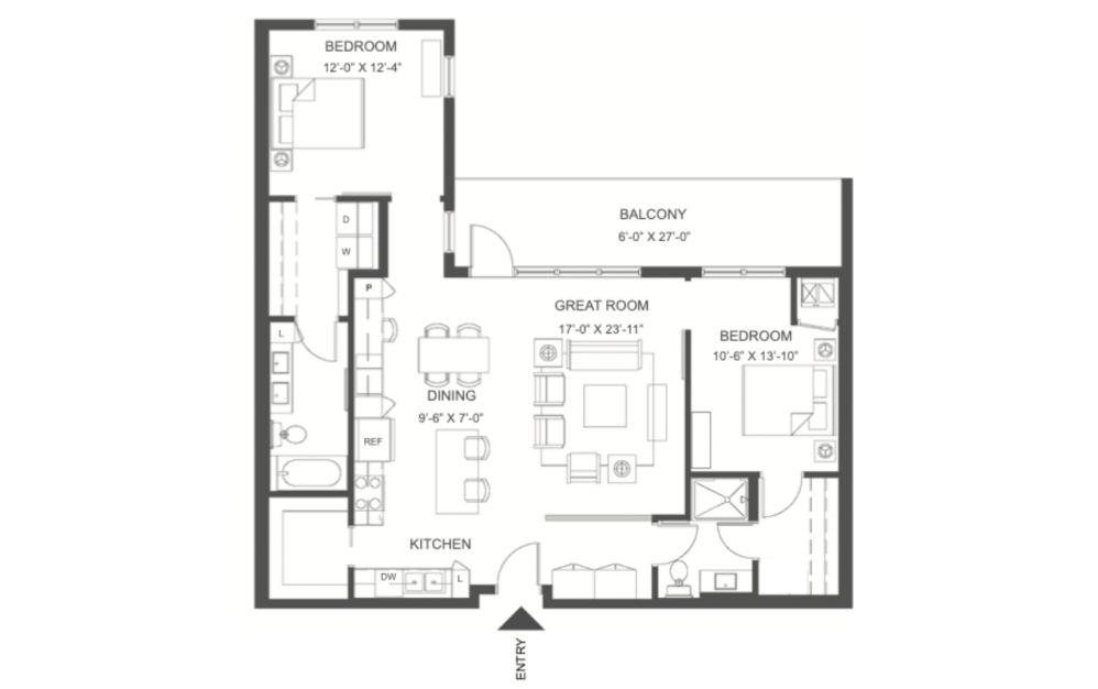 Q - 720 - 2 bedroom floorplan layout with 2 bathrooms and 1230 square feet
